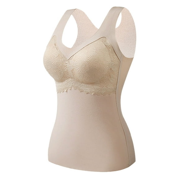 DuoJiaJ Tank Top for Women V Neck Lace Camisole Tops with Built in Bra Cami Vest Base Layer Beige L
