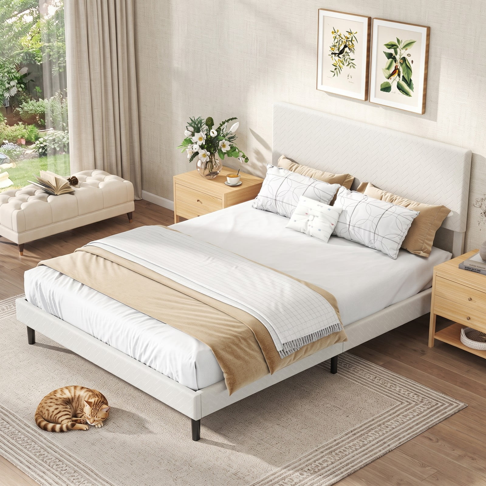Furnibear Velvet Upholstered Platform Bed Frame with Height Adjustable Chevron Headboard and Wooden Slats for Bedroom, Beige