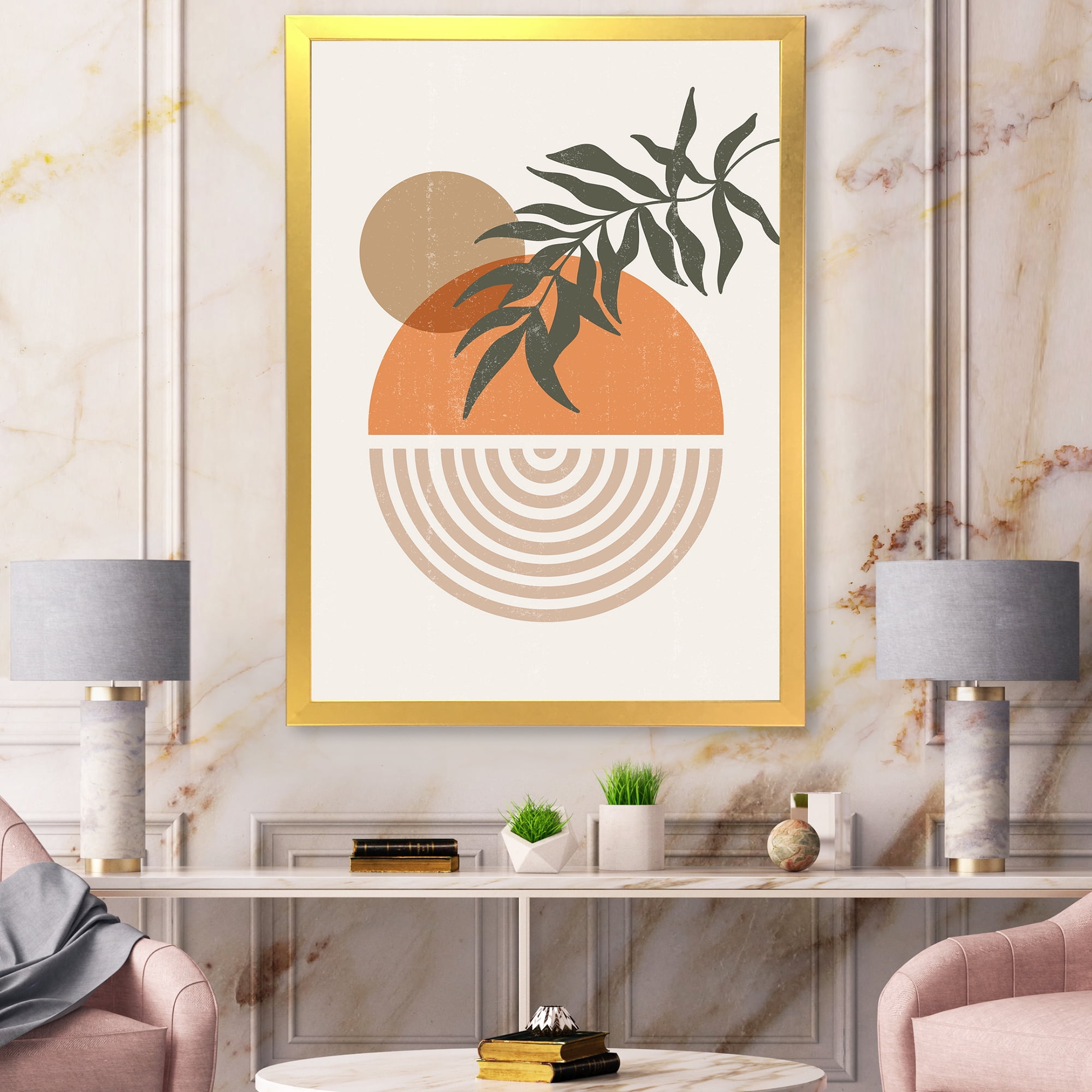 Designart 'Abstract Geometrical Moon and Sun With Leaf I' Modern Framed Art Print