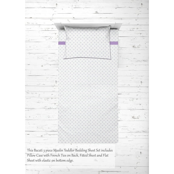 Bacati - Girls Toddler Bedding/Sheet Set 100% Cotton Muslin, Petals/Floral Lilac