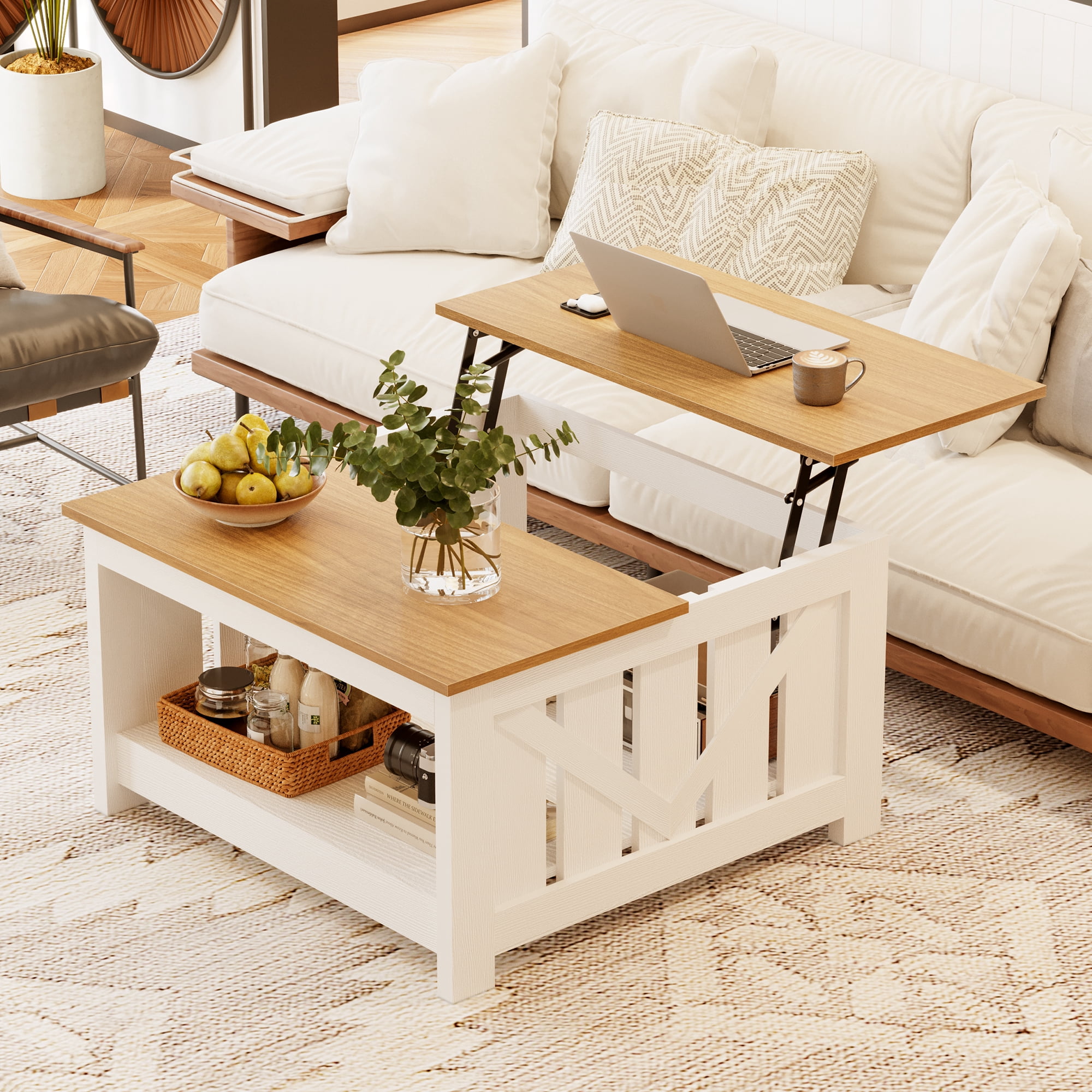 GUNAITO Lift Top Coffee Table with Storage Cabinet and 2 Compartments for Living Room, White, 31.5''Hx31.5''W in