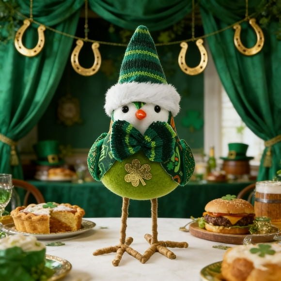 St Patricks Day Plush Bird Decorations,Bird Figurines Doll Table Ornament Plush Sparrow Fabric Sparrow Table Decor Figurines for Indoor Outdoor Holiday Office Garden Birthday Party Favors Ornaments