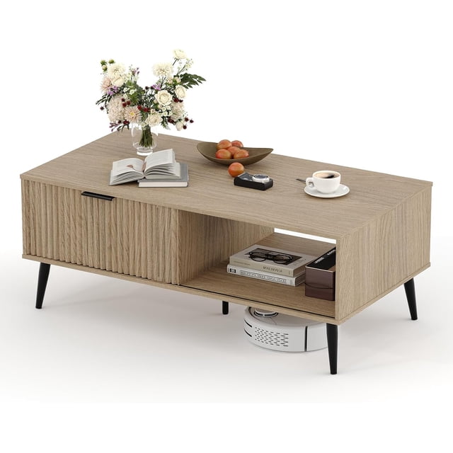Coffee Table with Storage,41.34" Modern Tea Table with Sliding Wave Doors, 2-Tier Wooden Center Table for Living Room, Office & Outdoor Use