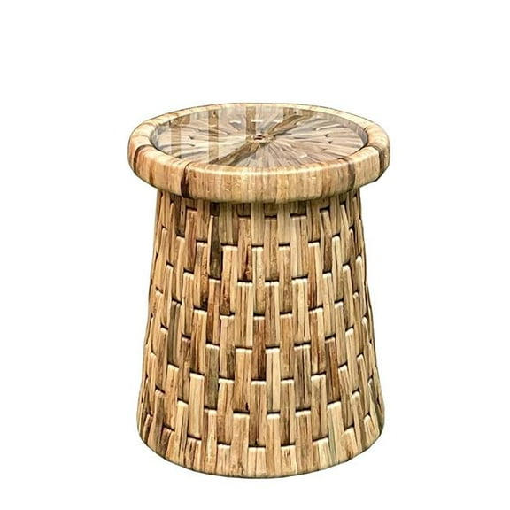Padmas Plantation DRM06 Drum Natural End Table with Glass