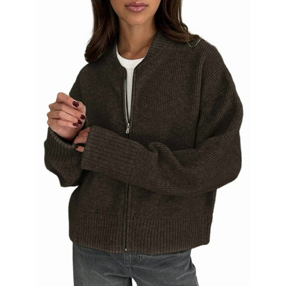 Female'S Chunky Knit Zip-Up Cardigan Sweater,Fall Open Front Long Sleeve Ribbed Knit Outerwear Coats Dark Brown M
