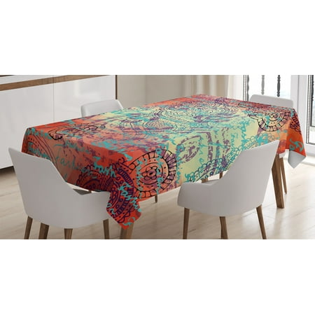 Turquoise And Orange Kitchen Fashion House Decor Tablecloth, Lettering of Grunge Background Circle Ornamentals Inspiring Art, Rectangular Table Cover for Dining Room Kitchen, 52 X 70 Inches, Orange Turquoise, by Ambesonne ()