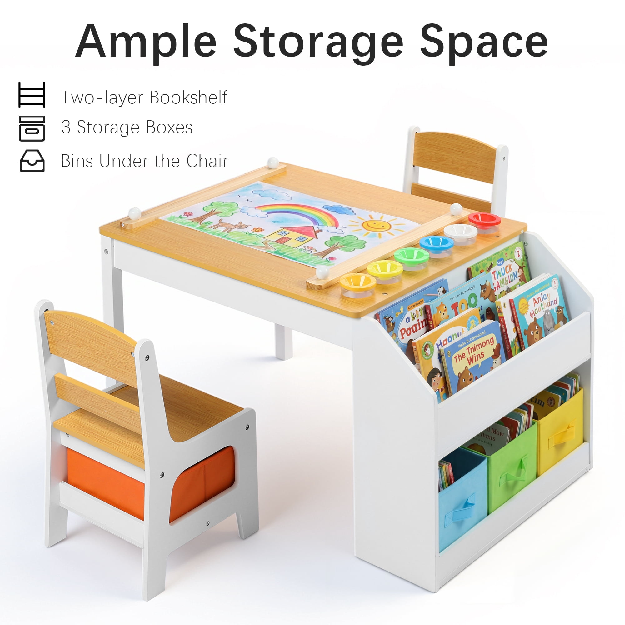 AILEEKISS Kids Table and Chair Set,Children Play Activity Desk for Drawing with 3 Drawers, Natural