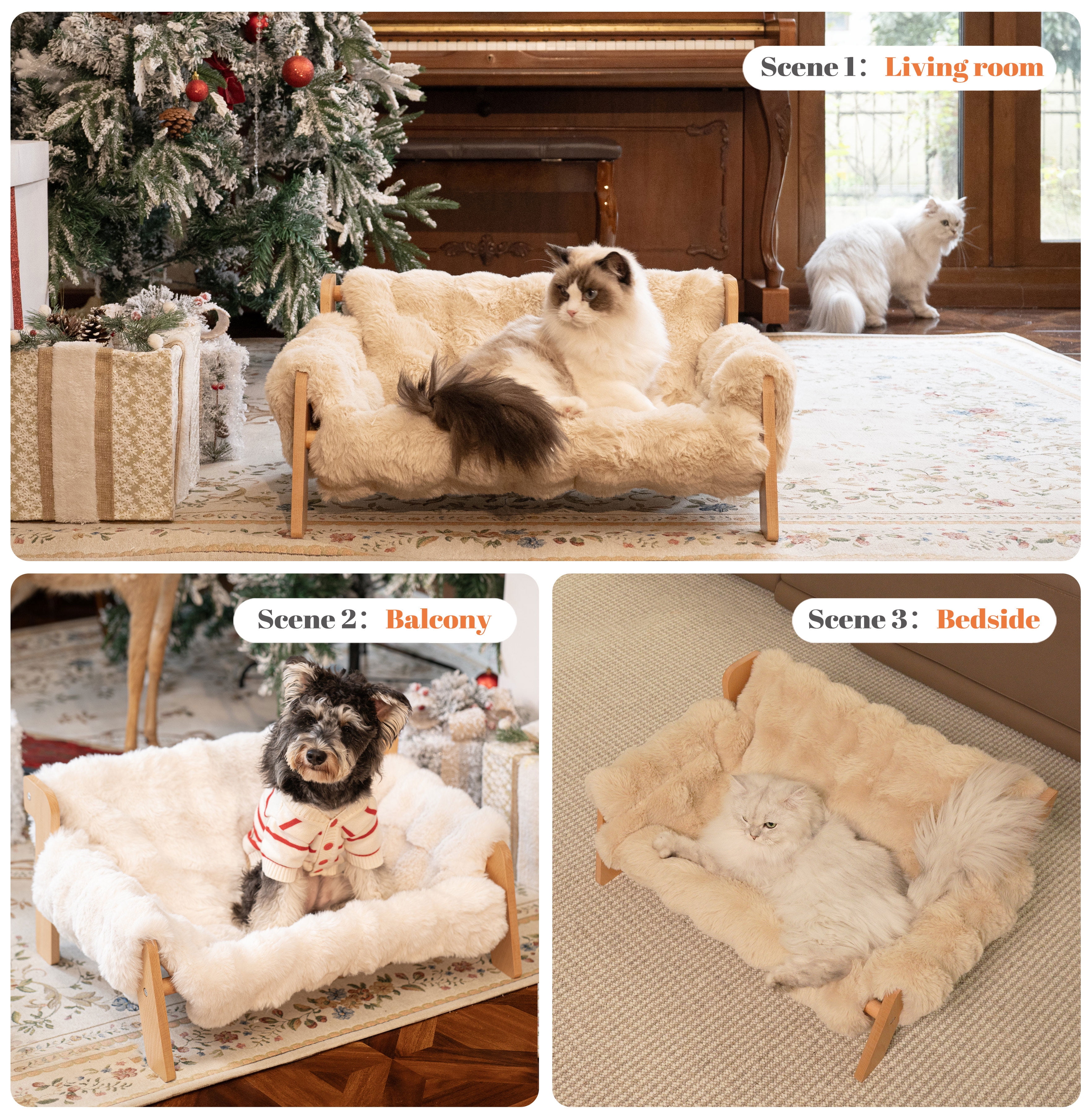 CheerPals Raised Cat Bed, Elevated Wooden Cats Sofa Fluffy Pets Lounge Chair, off-White(27.2"X18.6"X11.8)