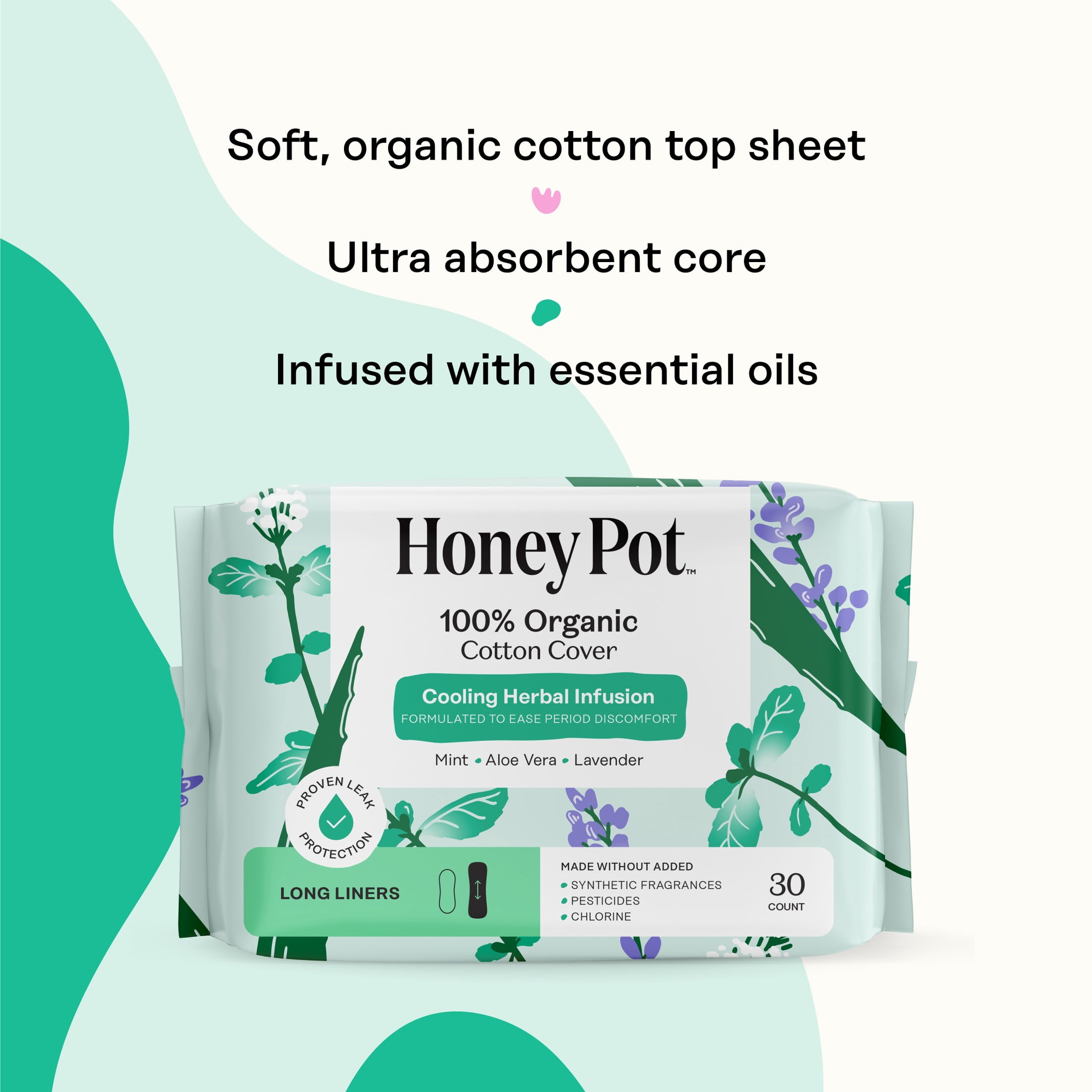 Honey Pot 100% Organic Cotton Cover Cooling Herbal Infusion Long Liners, 30 Count