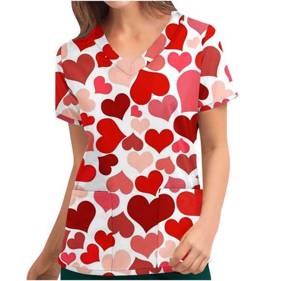 Kayannuo Uniformes d'Infirmière Imprimés Cœur d'Amour Sarrau pour Femmes Liquidation Manches Courtes Hauts de Sarrau pour Femmes Hauts à Manches Courtes à Col en V pour Femmes Uniforme Blouse à Poches Imprimée de la Saint-Valentin