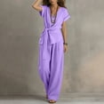 thumbnail image 7 of Hxshgdsn Dress Casual Sets for Womens Wrap Tie Waist Short Sleeve Top Wide Leg Long Pants 2 Piece Vacation Daily（Purple/3XL）, 7 of 7