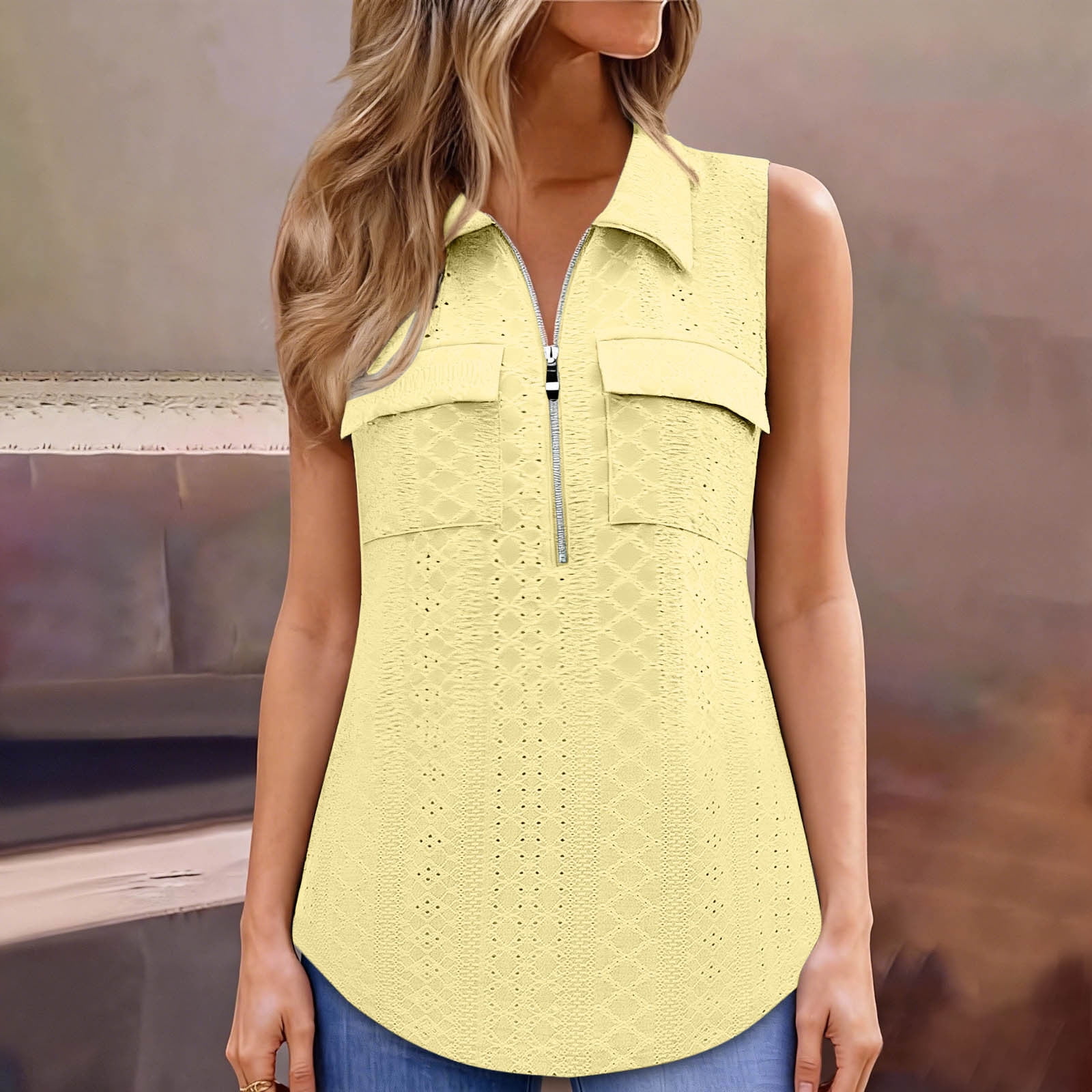 tarylea Eyelet Tank Tops for Women Sleeveless Zip up Curved Hem