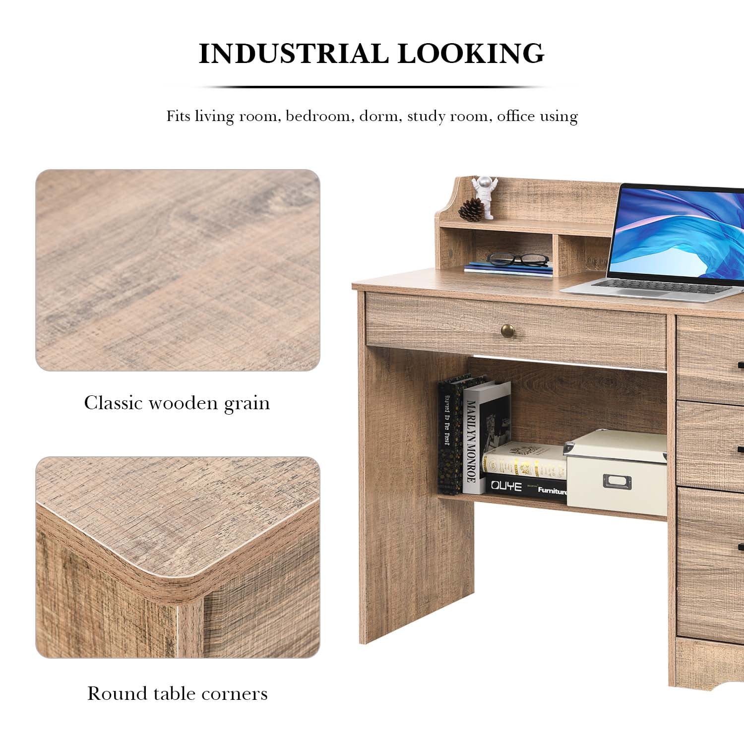 4 EVER WINNER Computer Desk with Drawers, Home Office Desk with Hutch Shelf, Small Desk with Storage for Small Space, Dark Oak