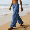 thumbnail image 3 of Jsaierl Women's Linen Wide Leg Palazzo Pants Summer Casual Drawstring Elastic Waist Loose Breathable Trousers, 3 of 13
