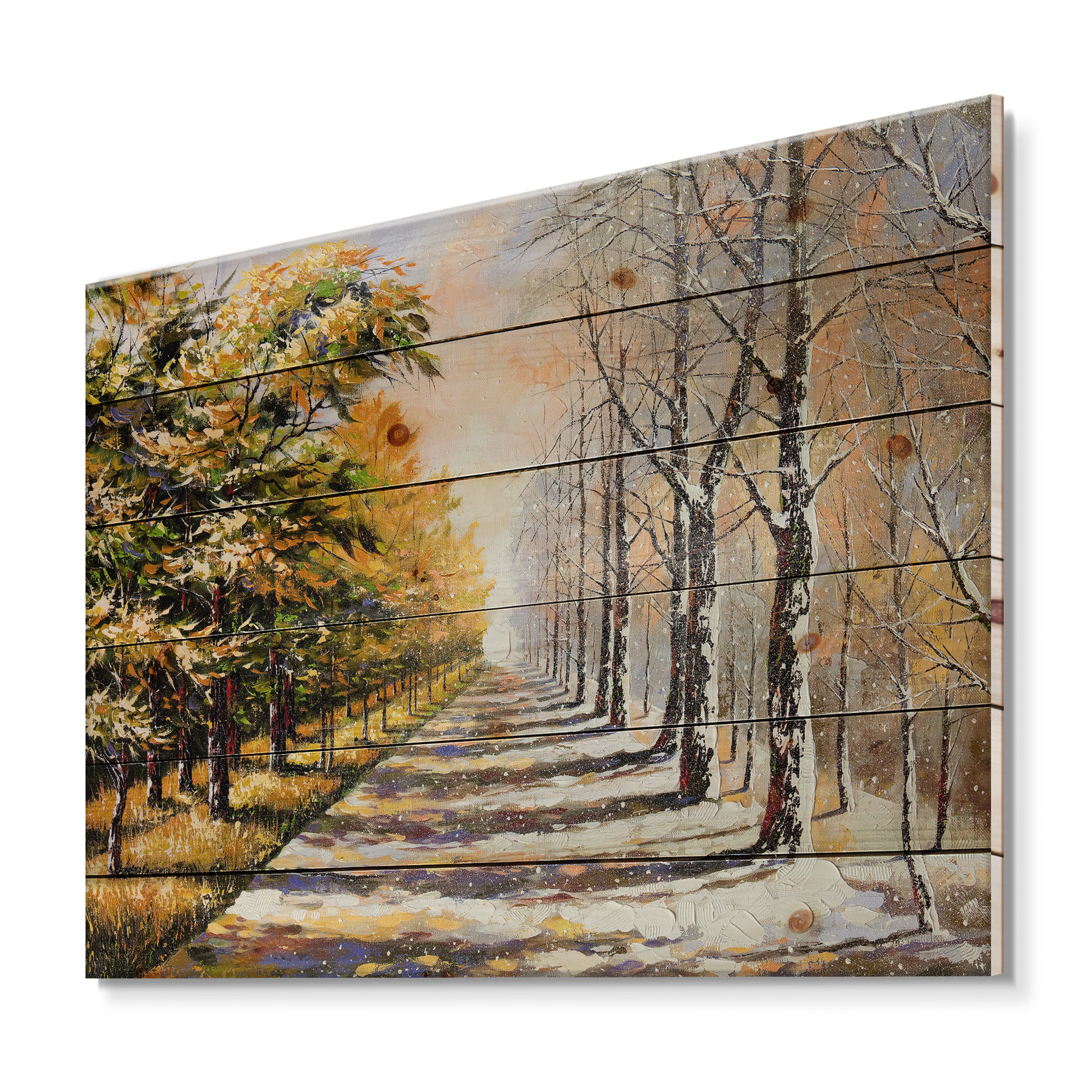 Designart 'Allegory On Theme Autumn and Winter' Traditional Print on Natural Pine Wood