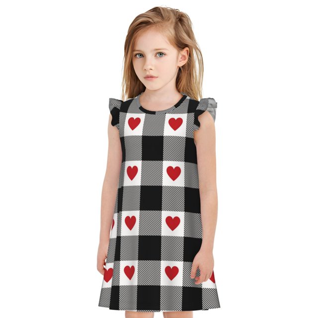 Balery Heart Black Buffalo Plaid Gingham Camisón de princesa para niñas, pijama de algodón con mangas abullonadas, suave y bonito.-XX-Large
