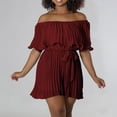 thumbnail image 2 of YeJammarp Chiffon Flowy Short Jumpsuits Womens Dressy Casual Off The Shoulder Pleated Romper Shorts with Belt Summer (2XL, Wine), 2 of 6