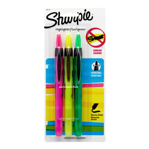 3-Pack ASSORTED COLORS SHARPIE Smear Guard Retractable HIGHLIGHTERS 