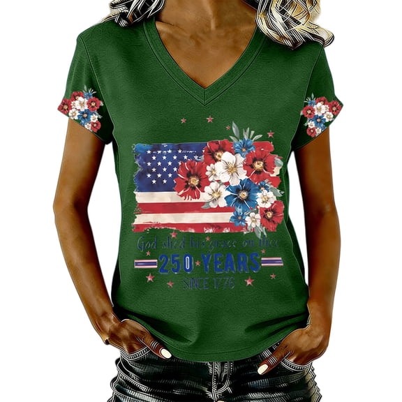 Womens Summer Tops Gsakboxl Women V Neck Patriotic T-Shirt, 4th Of July USA 250th Anniversary American Flag Floral Graphic Print Short Sleeve Casual Holiday Tops T Shirts for Women L