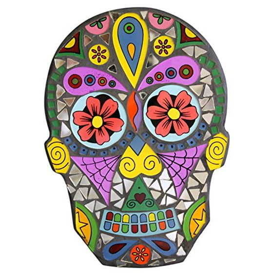 9 Inch Day Of The Dead Sugar Skull Glasirror Mosaic Wall Plaque