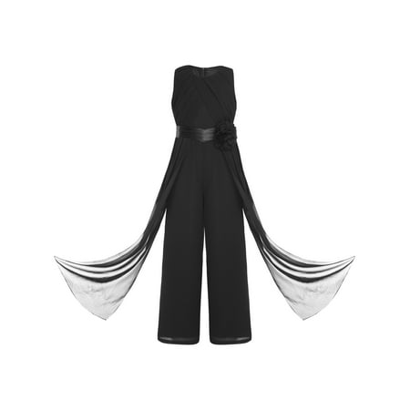 LiiYii Girls Solid Color Chiffon Jumpsuit with Detachable Flower Embellishment for Party Summer Black 16
