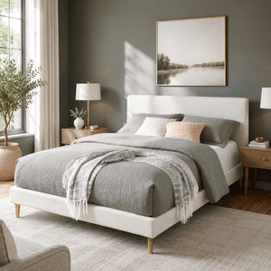 Gewnee King Platform Bed with Teddy Velvet Headboard, White