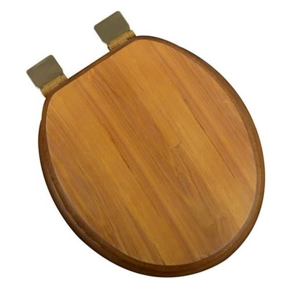 Plumbing Technologies 5F1R1-17BR Decorative Wood Round Front Toilet Seat Polish Brass Hinges- Light Oak
