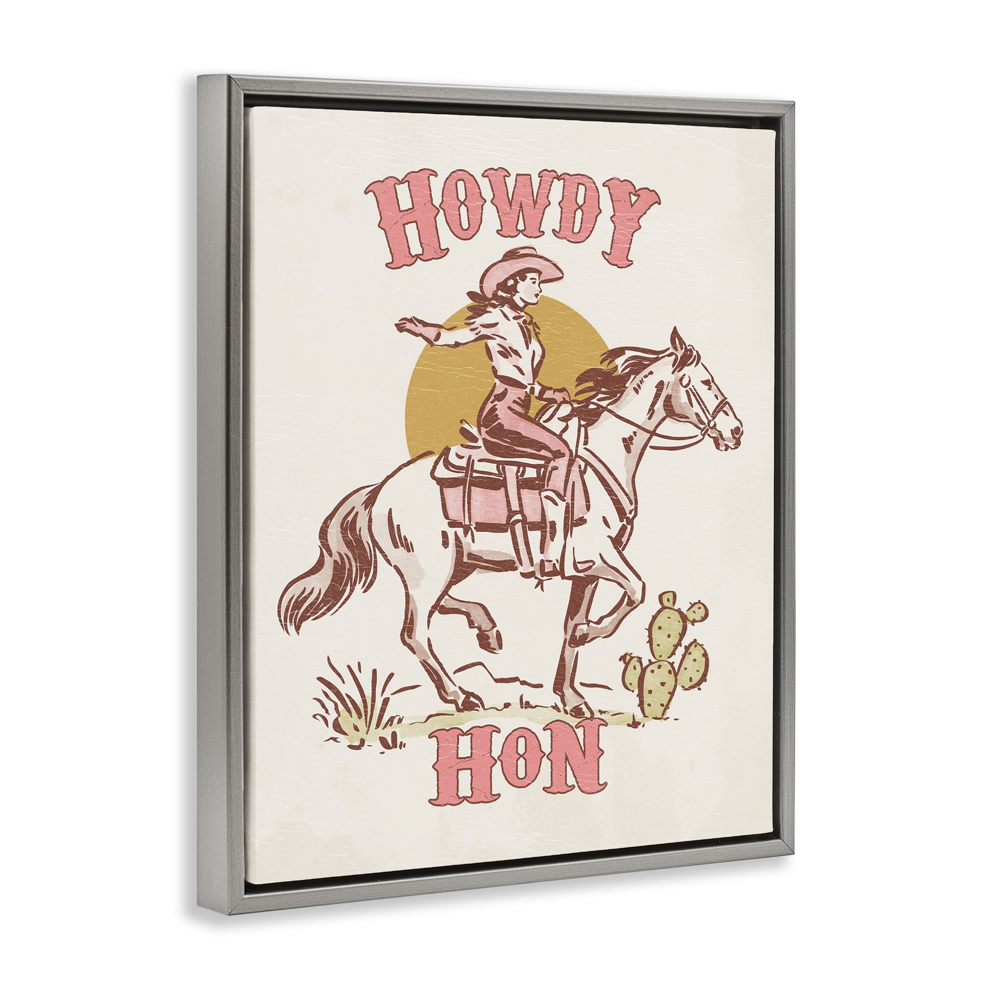 Stupell Industries Howdy Hon Cowgirl Entertainment Painting Gray Floater Framed Canvas Art Print Wall Art, 17 x 21