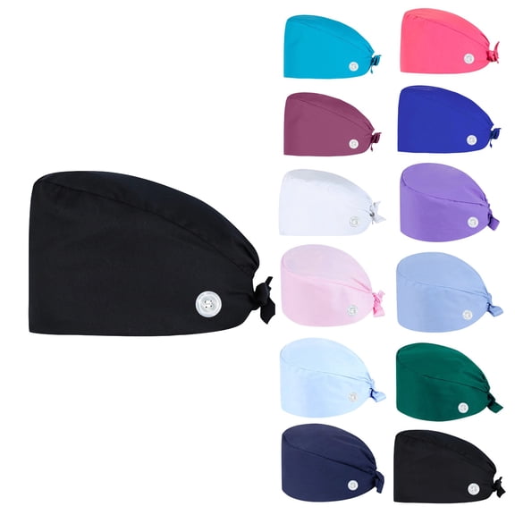 Unisex Medical Scrub Cap with Ear Saver Buttons Adjustable Tie Back Breathable Lightweight Nurse Working Hat Black One Size