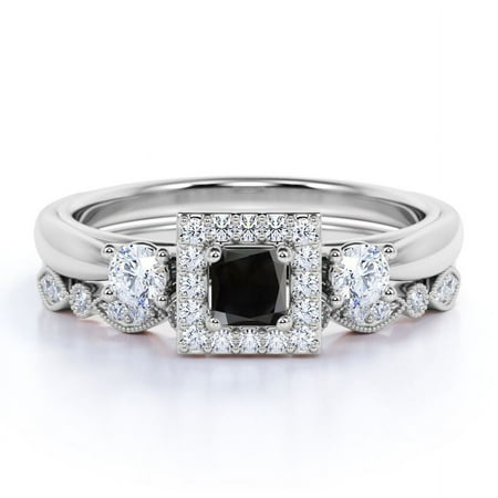 JeenMata Trilogy 1.5 TCW Princess Cut Lab Created Black Diamond and Moissanite Square-Shaped Halo Wedding Ring Set