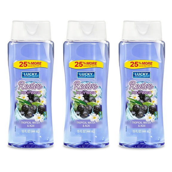 Lucky Super Soft Revive Body Wash. Soothes, Softens and Moisturizes Your Skin. Tropical Water and Acai Fragrance. 15 fl.oz / 444 ml. Pack of 3