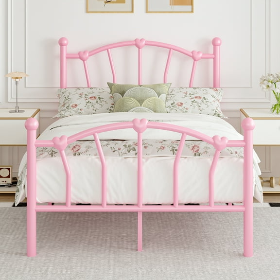 4 Ever Winner Twin Metal Bedframe with Heart-Shaped Headboard, Footboard, and Underbed Storage, Pink