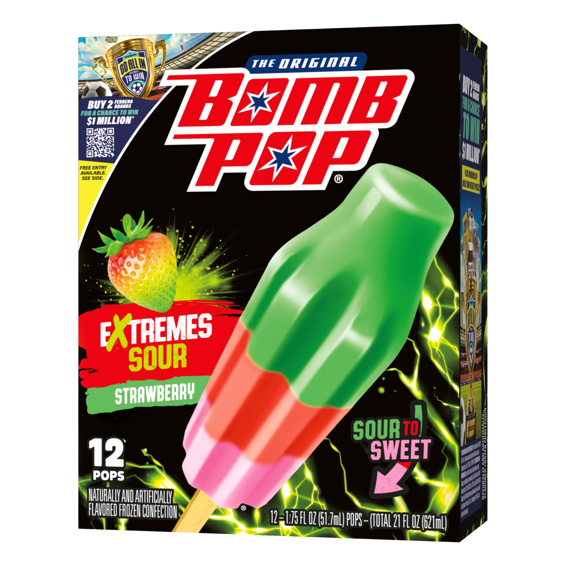 Bomb Pop Extremes Super Sour Strawberry Freeze Ice Pops, Frozen Freezer Dessert, 12 Pack