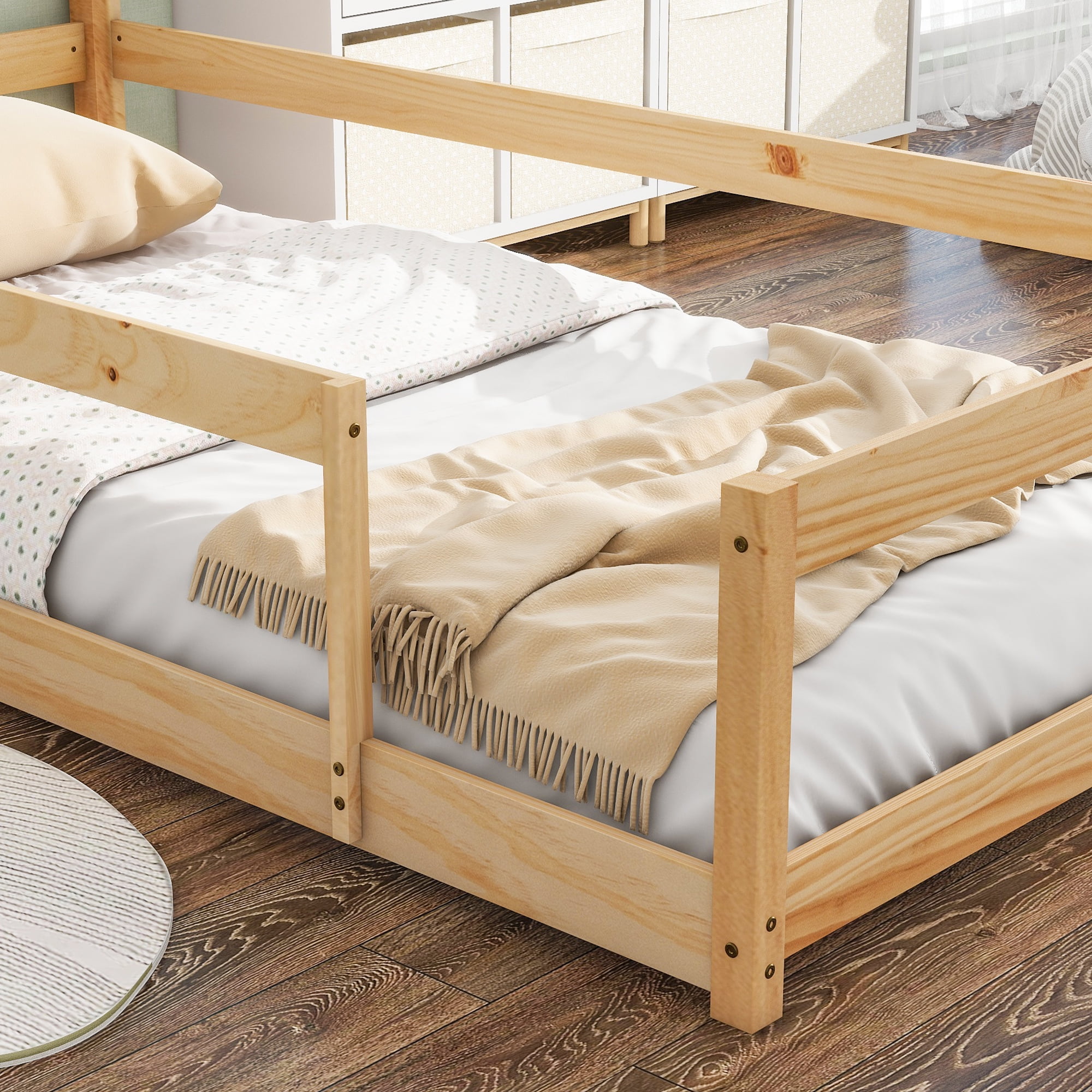 Euroco Wood Twin Size Daybed, House Floor Bed with Fence for Kids Bedroom, Natural