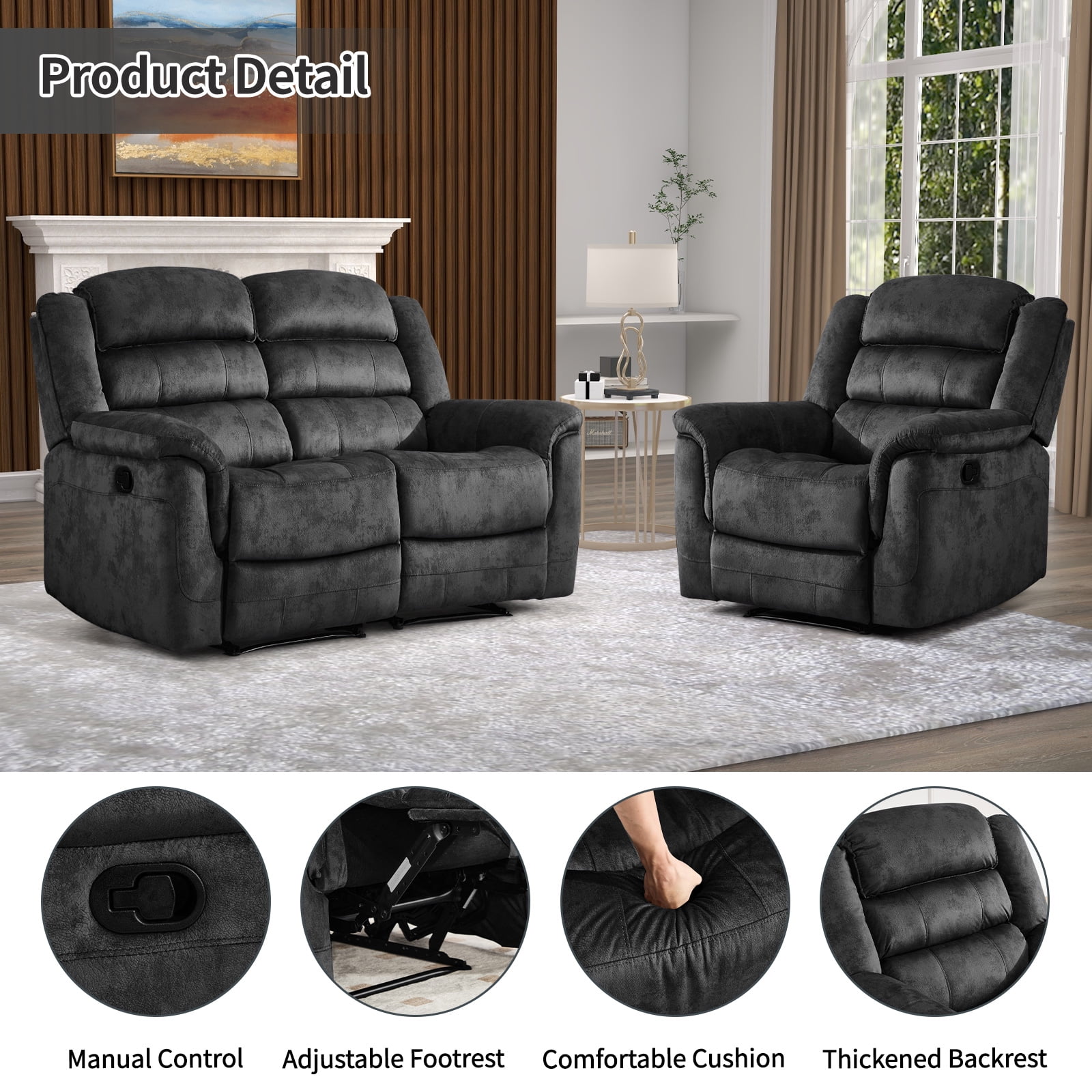 Bonzy Home Recliner Sofa Set – Cloth Reclining Living Room Furniture Set with Single Recliner Chair & Loveseat Gray