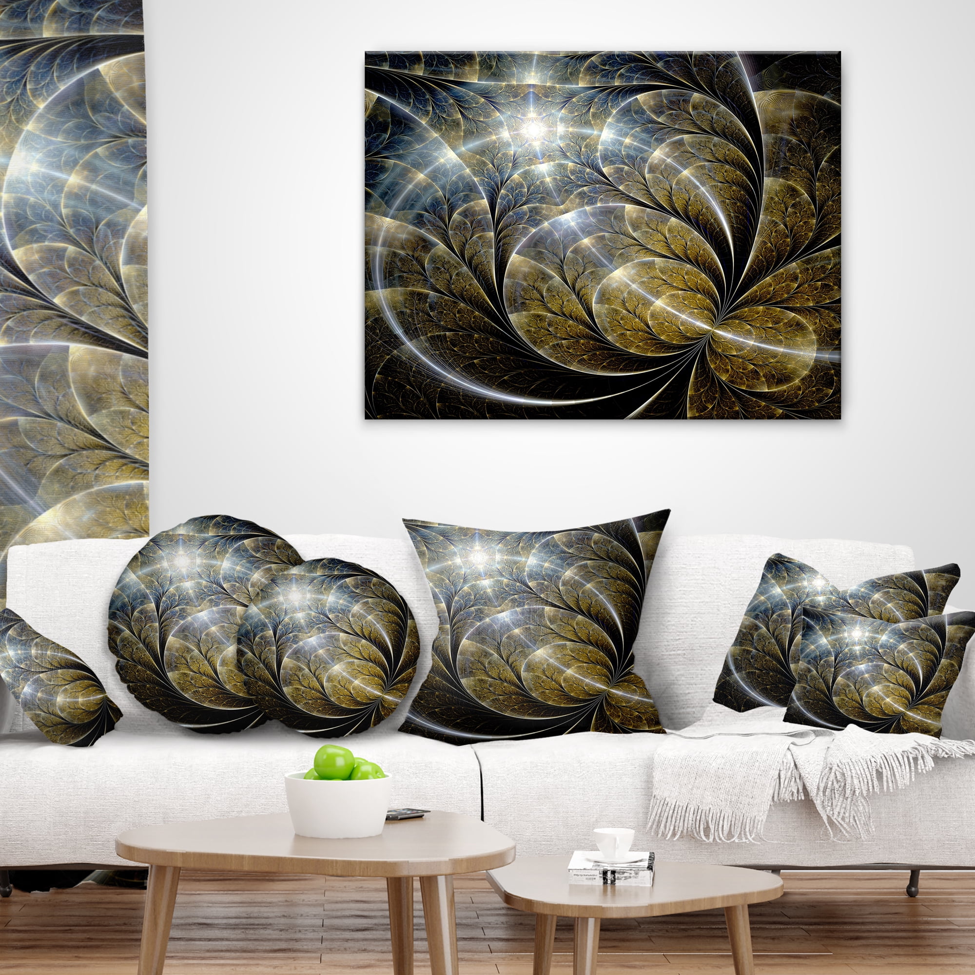 Designart Symmetrical Gold Fractal Flower with Lighting - Floral Throw Pillow - 18x18