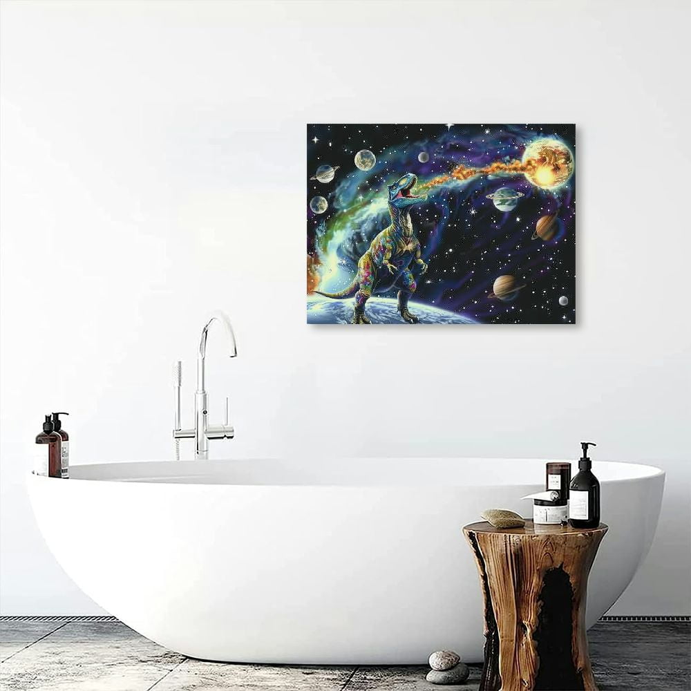 JRXY Dinosaur Decor Wall Art for Boy's Room Dinosaur Pictures Universe Space Decor Canvas Painting  Artwork for Living Room Bedroom  16x12inch