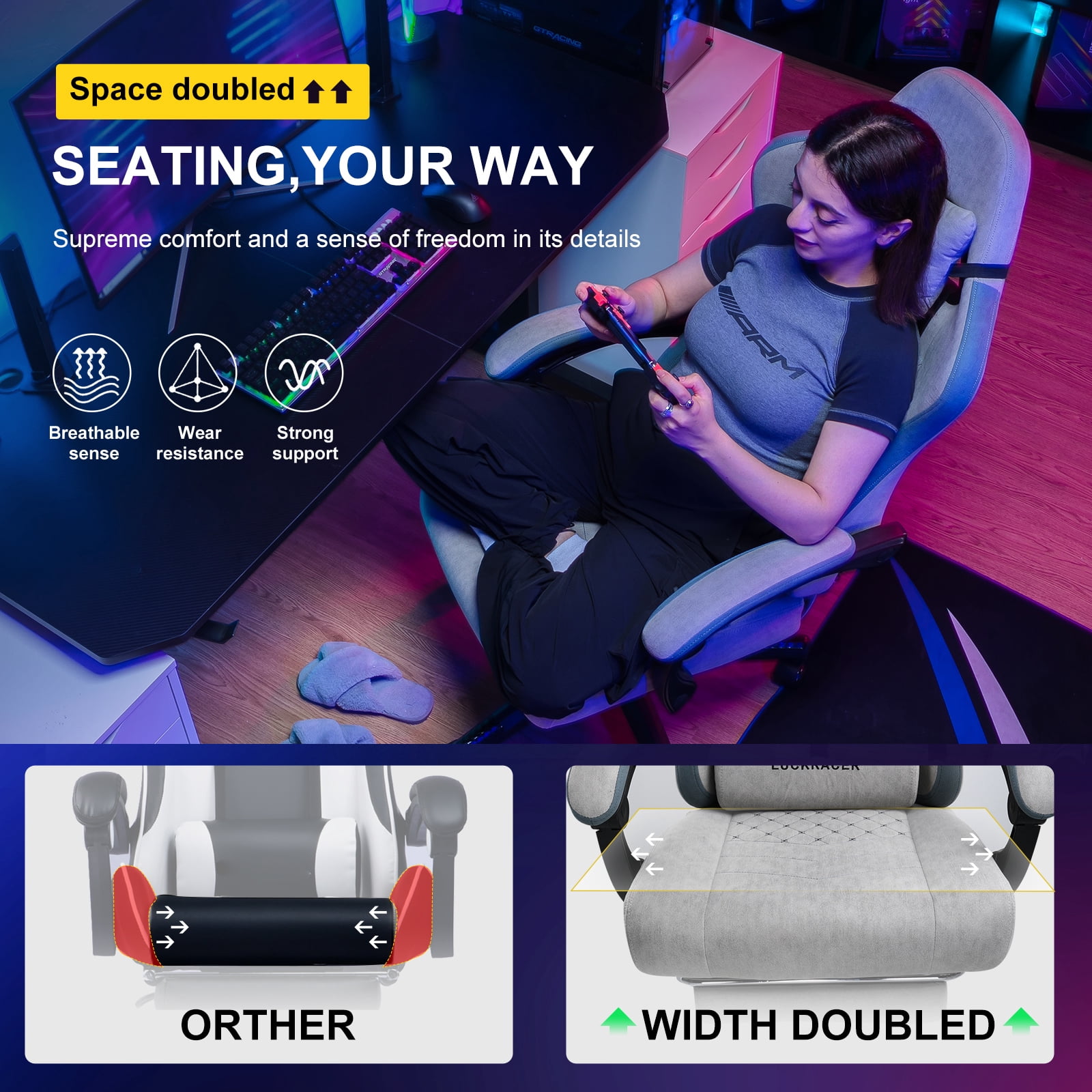 GTPLAYER Ergonomic Pocket Spring Cushion Gaming Chair with Footrest and Linkage Armrests, Gray