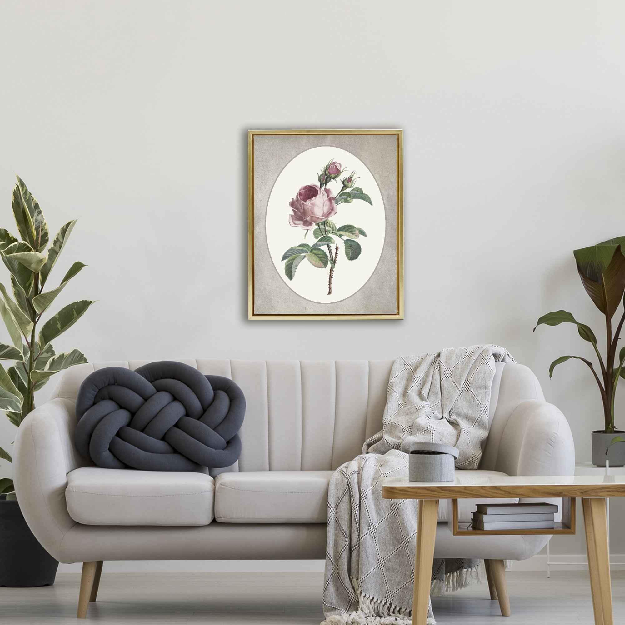 Vintage Rose within Oval Gold Framed Floater Canvas Wall Art, design by Lettered and Lined