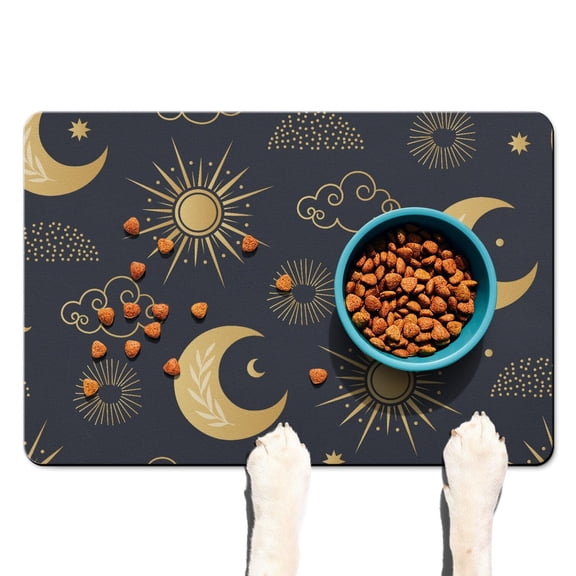 Golden Sun and Moon Art Dog Mat - Astrology Print Pet Feeding Mat with Absorbent Core, Non-Slip Rubber Base for Tile and Wood Floors