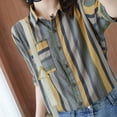 thumbnail image 3 of PIKADINGNIS Vintage Cotton Linen Womens Shirts Summer Striped Pockets Short Sleeve Blouse Woman Button Turndown Collar Shirt, 3 of 6
