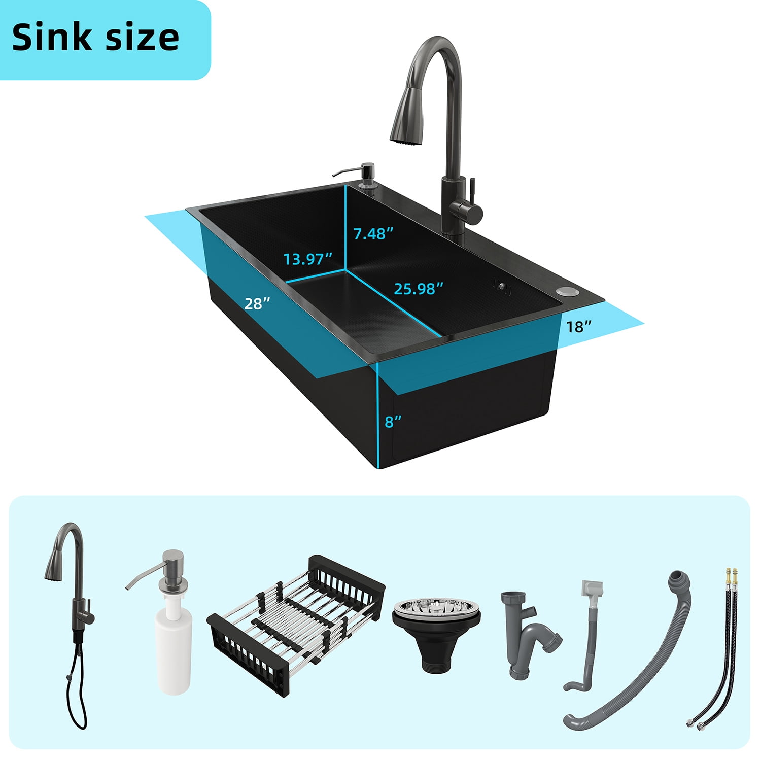 lemontalking 28" Drop In Kitchen Sink Stainless Steel Single Bowl Top Mount Black