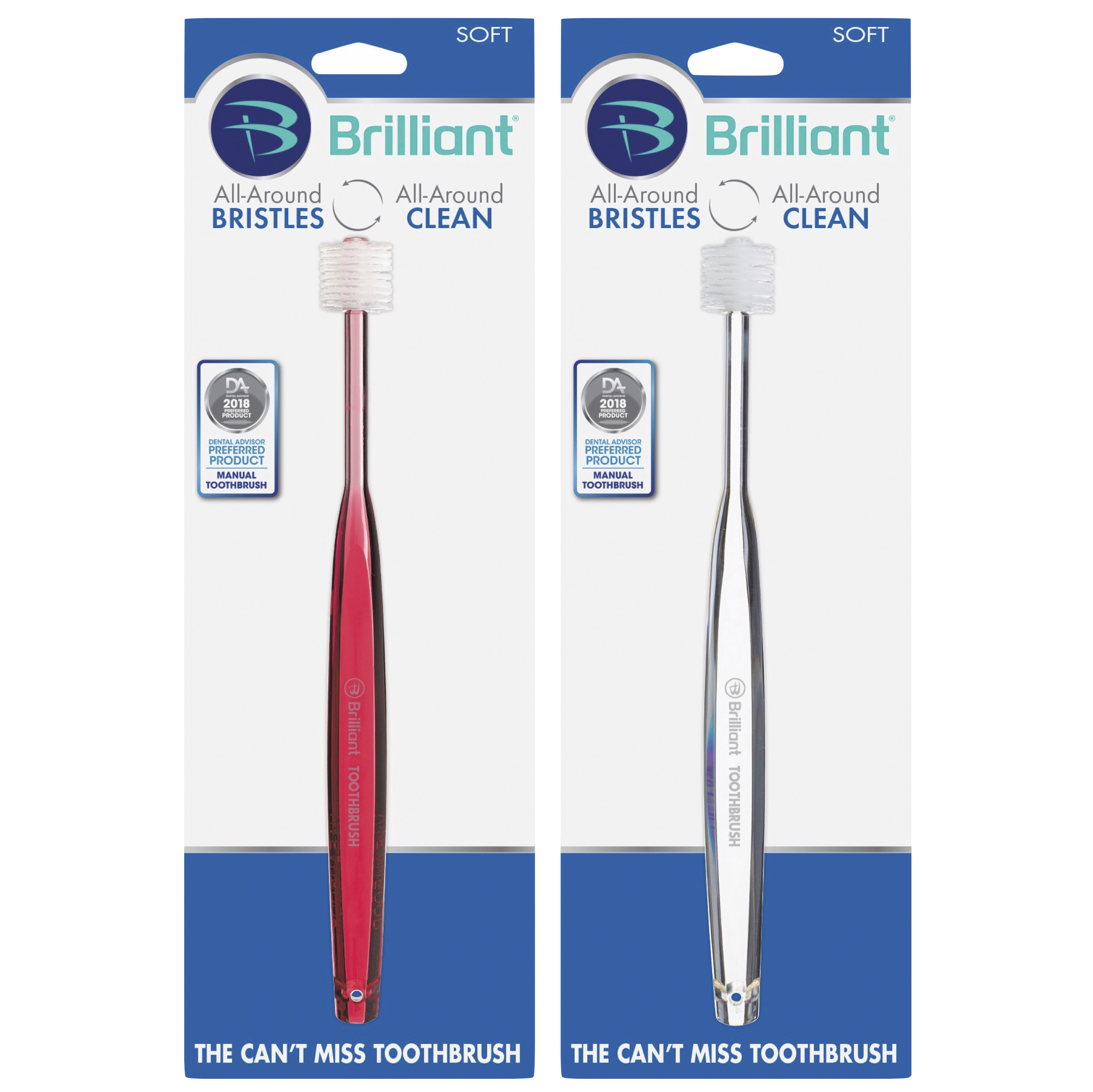 Brilliant Soft Toothbrush 2pk Red Clear, Round Head with MicroFiber