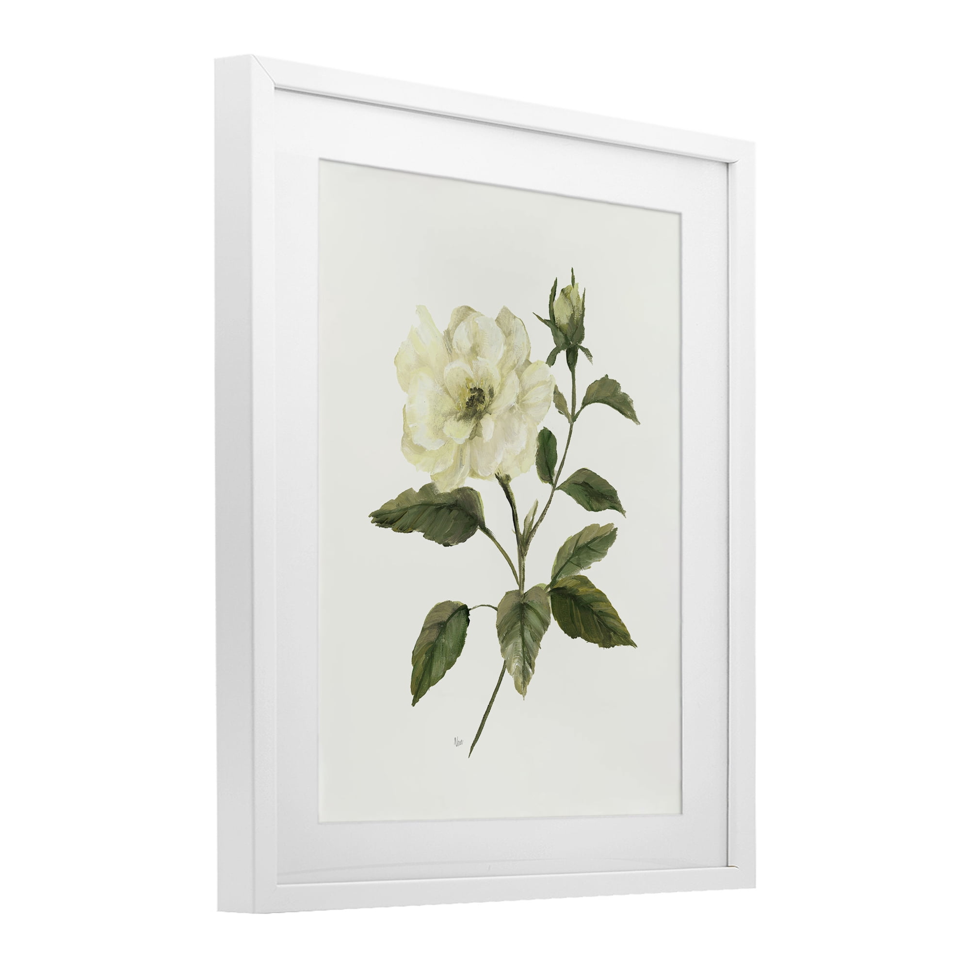 Stupell Industries Ivory Rose Bloom With Green Foliage White Framed Print Under Glass, design by Nan