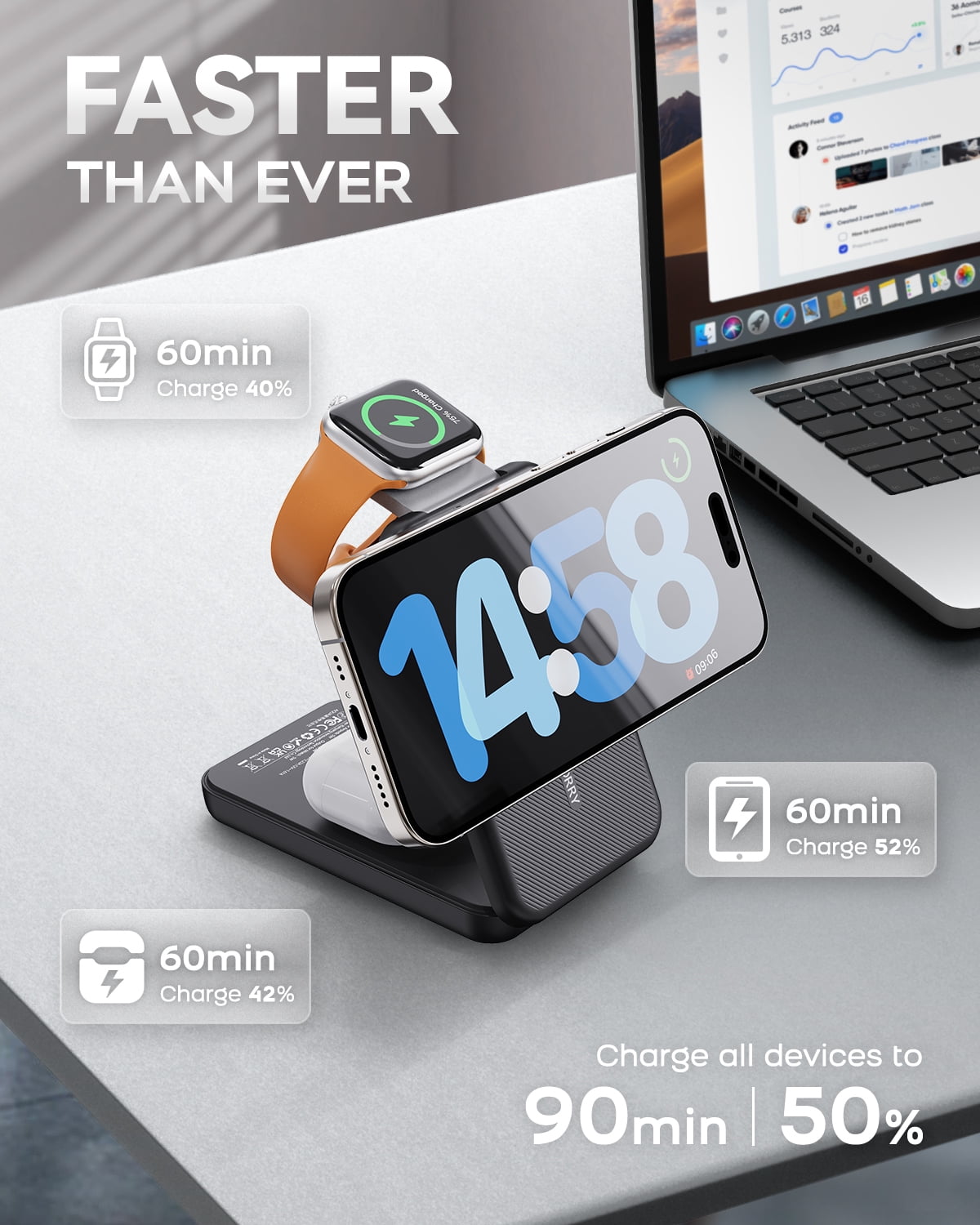 RORRY Magnetic Portable Chrager , 10000mAh Power Bank 3-in-1  Wireless Charger, Foldable Battery Pack for iPhone, Apple Watch, AirPods, Samsung,Black
