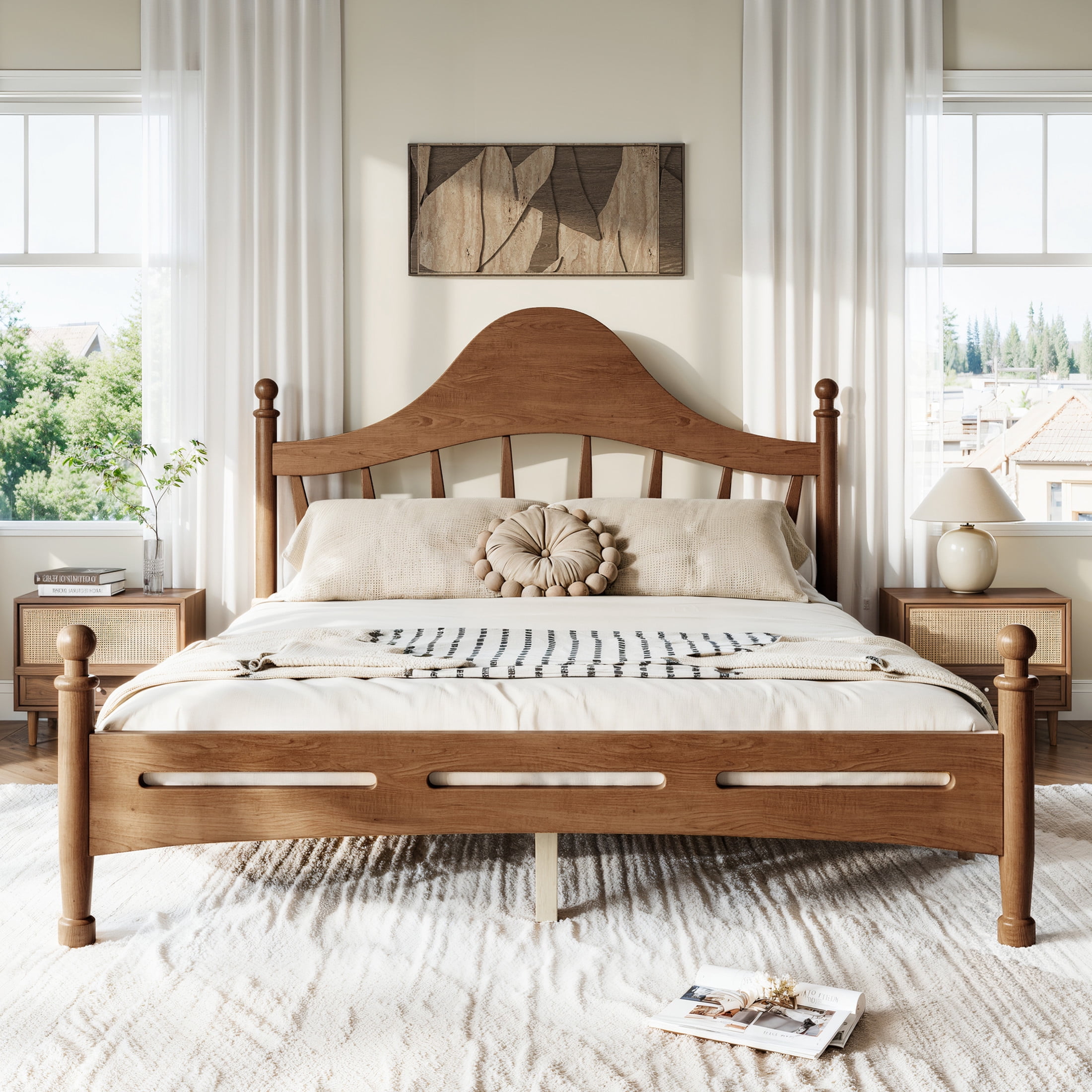 GDF Studio Queen Size Platform Bed with Curved Headboard, Solid Pine Frame, Slatted Support, Antique Brown