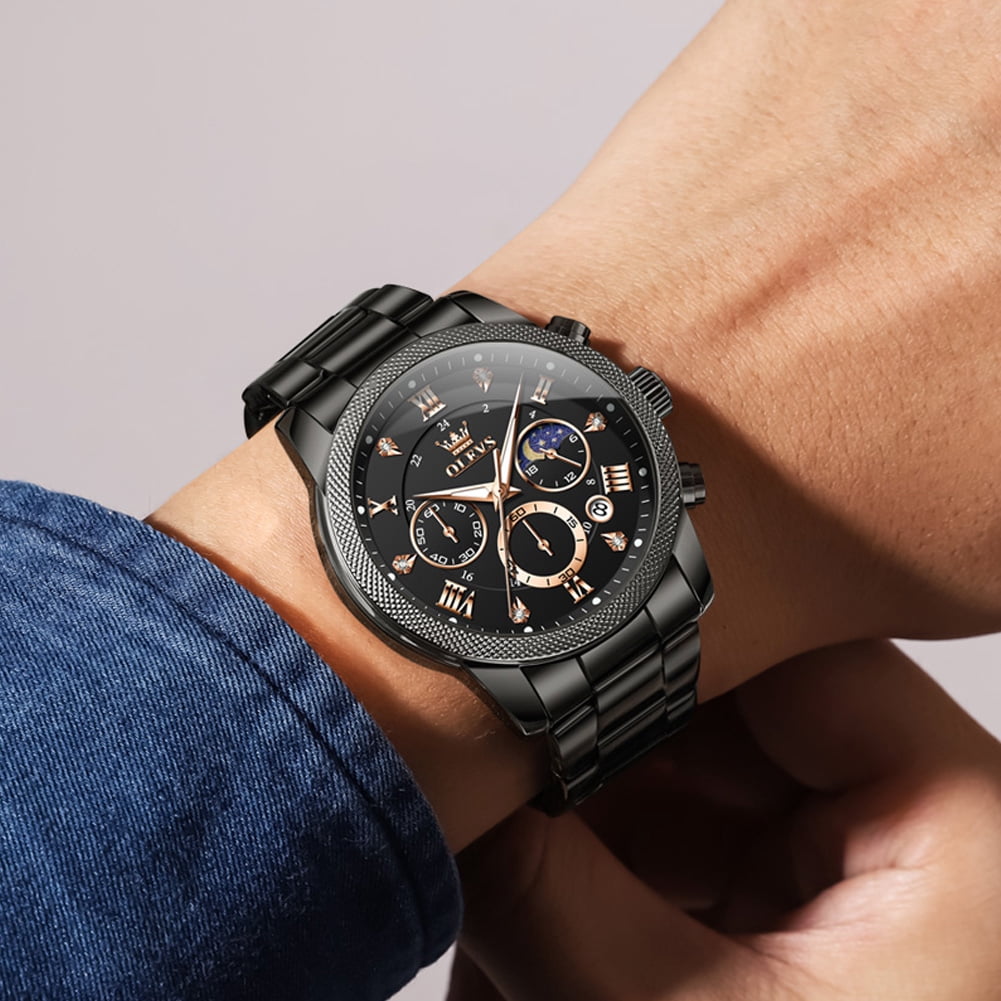 OLEVS Chronograph Watches for Men Fashion Dress Analog Quartz Moon Phase Stainless Steel Waterproof Luminous Date Luxury Mens Wrist Watches Reloj Para Hombre Rose/Black
