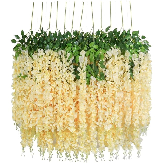 Nvzi Flores colgantes de glicina color champán, paquete de 12 enredaderas de flores, glicina falsa, flores de glicina artificiales de 3,61 pies,guirnalda de flores para decoración
