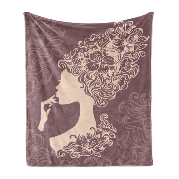 Vintage Woman Soft Flannel Fleece Throw Blanket, Woman Silhouette with Flowered Hair Style Abstract Beauty Image, Cozy Plush for Indoor and Outdoor Use, 70" x 90", Mauve Taupe and Beige, by Ambesonne