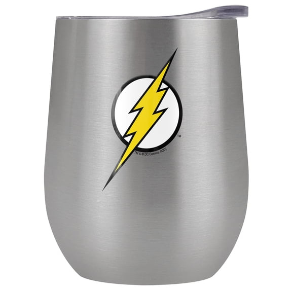 JLA - Logo Official Flash Logo 12 OZ Stemless Wine Tumbler, Stainless Steel Travel Cup|Lake Tumbler|Insulated with Leak Resistant Slide-Lock Lid, Stainless Steel